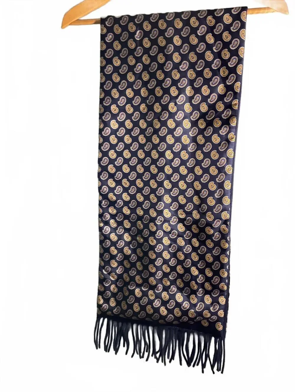 Geoffrey Beene Navy Blue/ Paisley Silk/Wool Reversible Scarf with Fringe